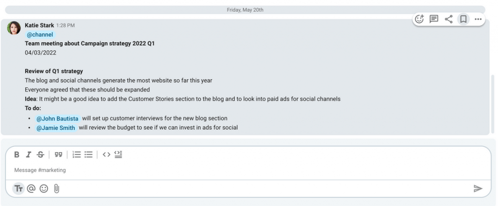 Sharing meeting notes in Pumble, a team messaging app