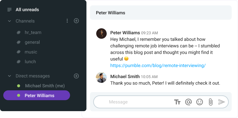 An example of sending your connection a useful link in Pumble, a team messaging app