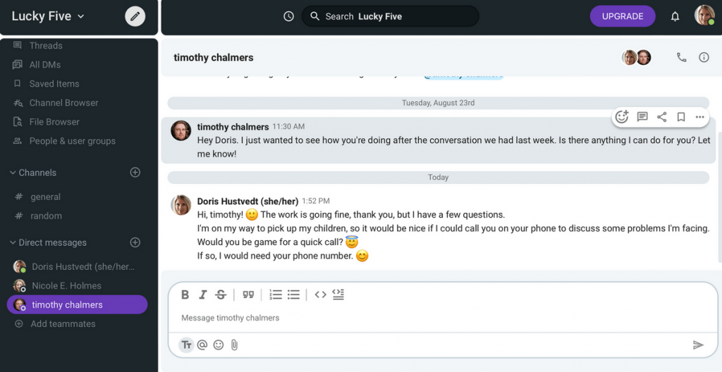 Asking for a phone number via Pumble (a business messaging platform)