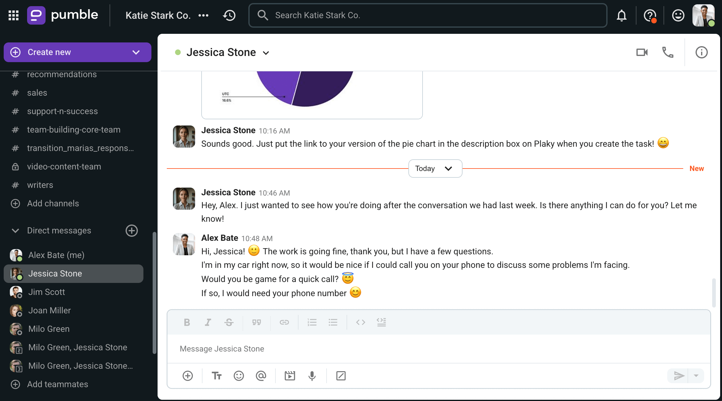 Asking for a phone number via Pumble, a team communication app