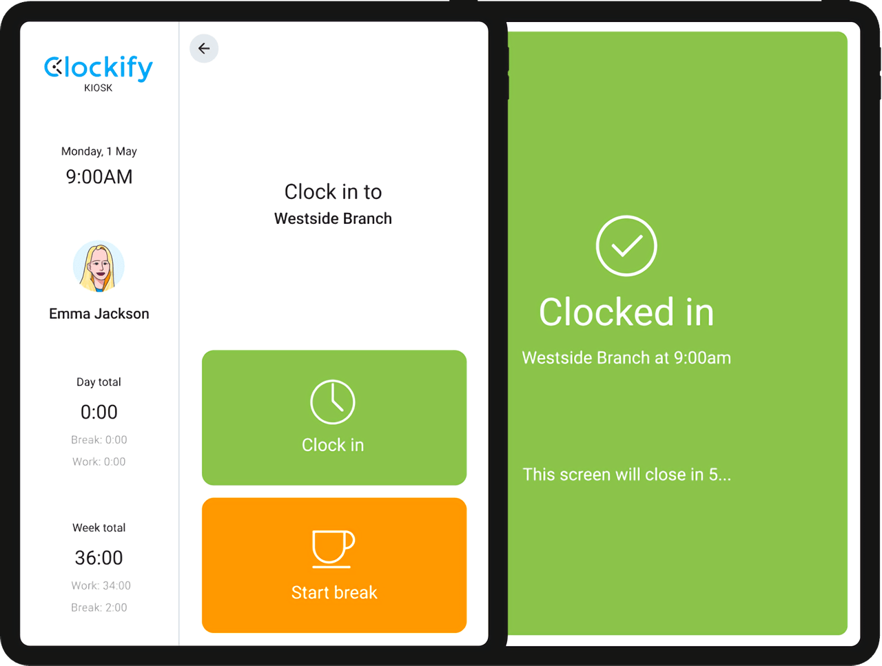 A preview of Clockify’s kiosk app