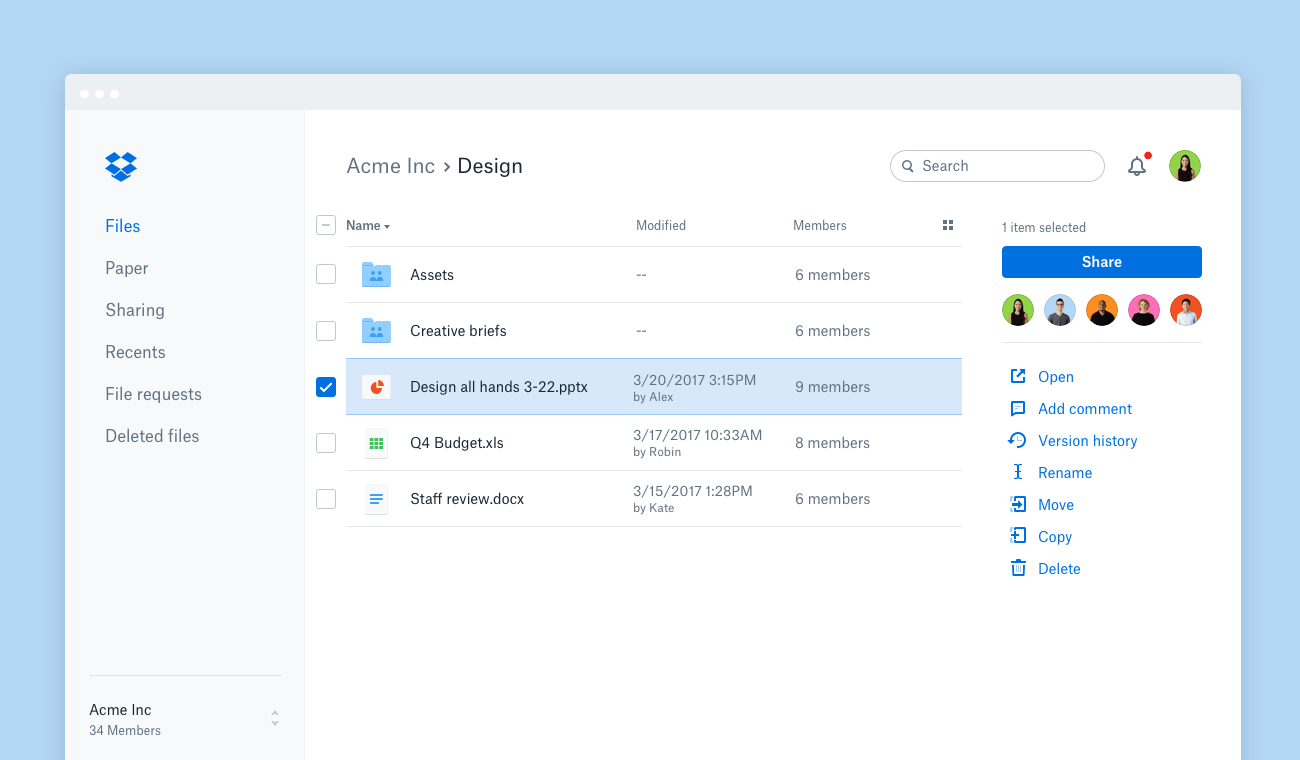 An example of DropBox’s dashboard 