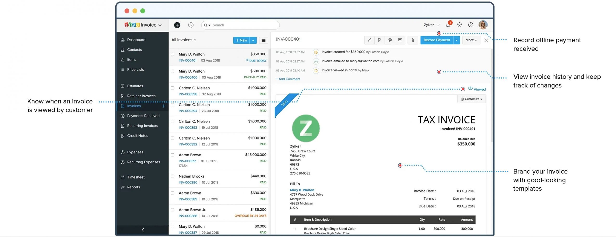 An example of Zoho Invoice’s dashboard