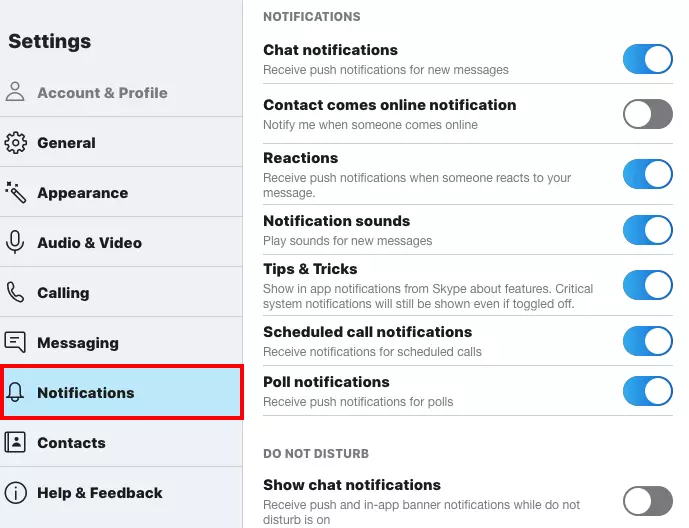 Notification settings in Skype