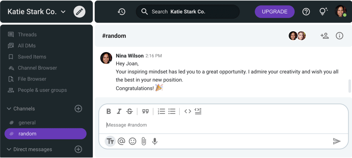 Example of congratulating your coworker on a new job on Pumble, a team communication app