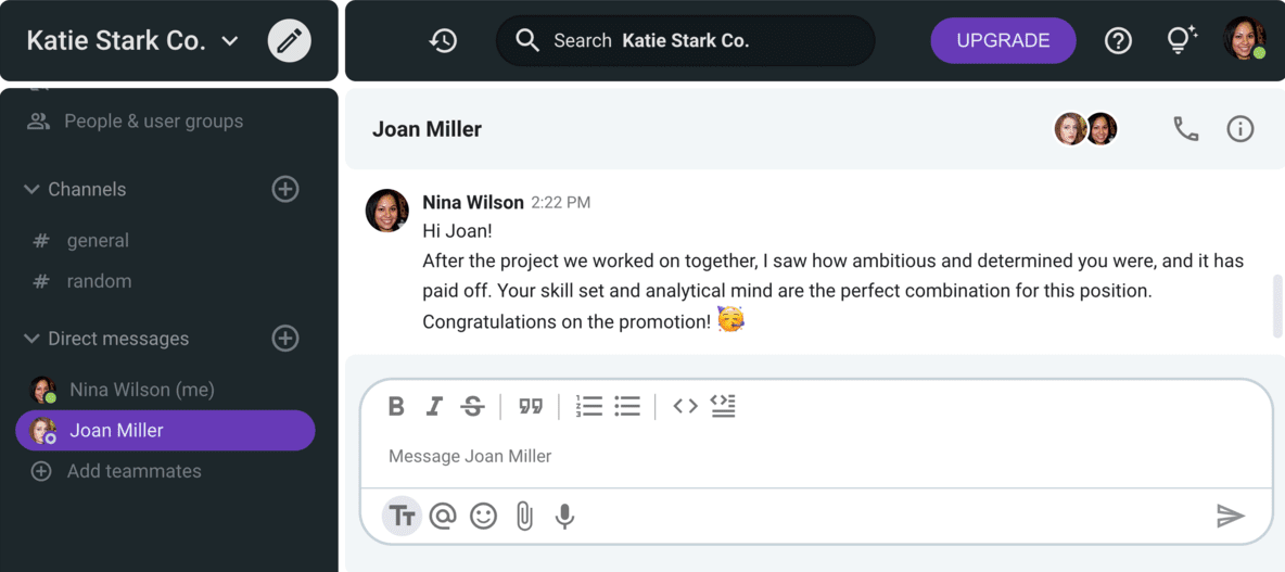 Example of congratulating your colleague on a promotion via Pumble, a team communication app