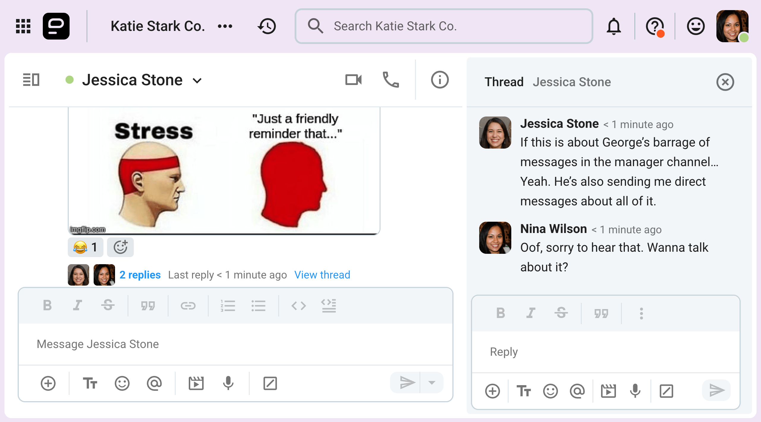 A casual message sparks a conversation about interpersonal issues between coworkers on Pumble, the business messaging app