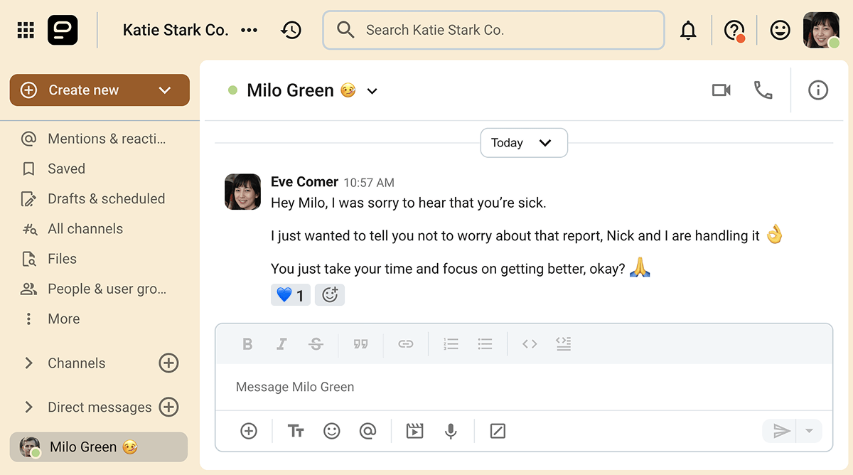 A coworker expressing her get-well wishes on Pumble, the team communication app