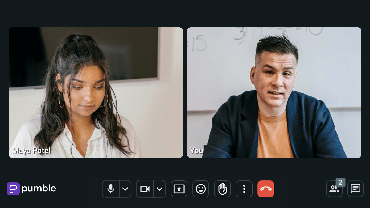 A one-on-one video call in Pumble, the business messaging app