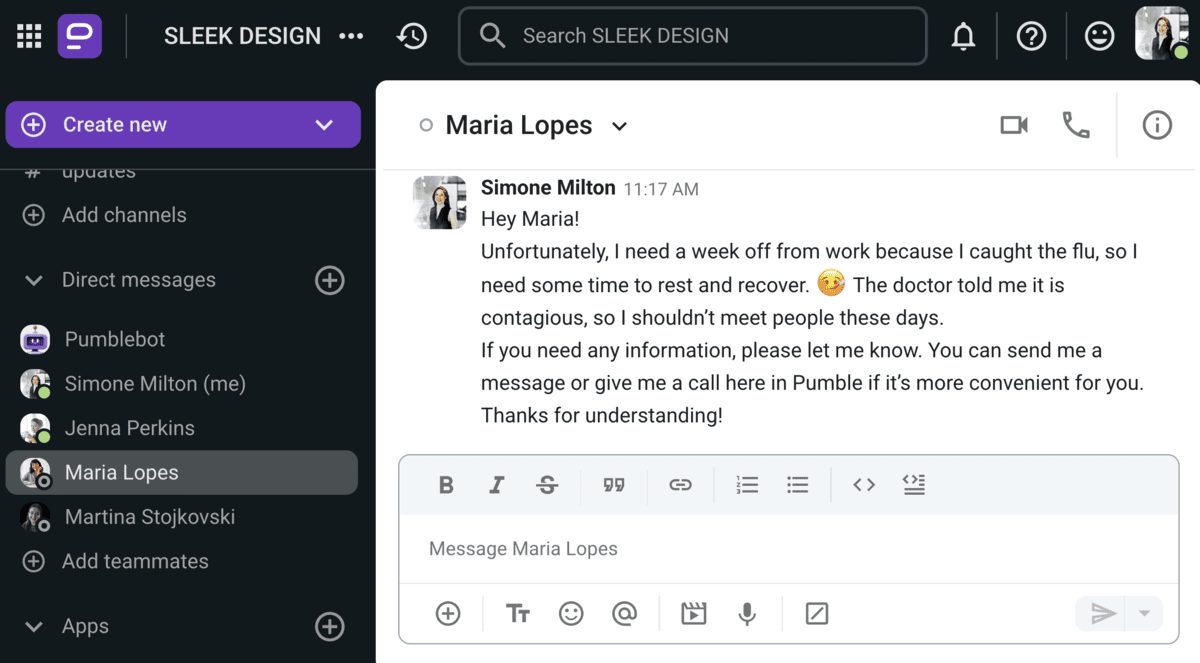 A quick and respectful way to call in sick over Pumble, a team messaging app