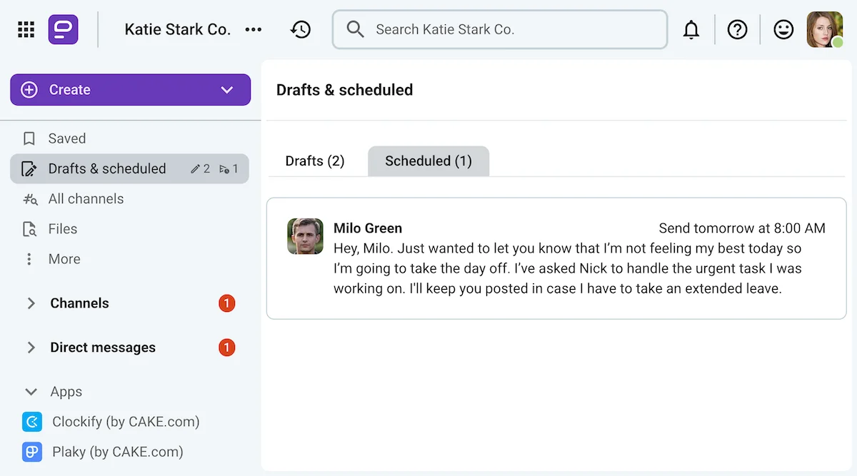 A scheduled sick leave message on Pumble, a team communication app