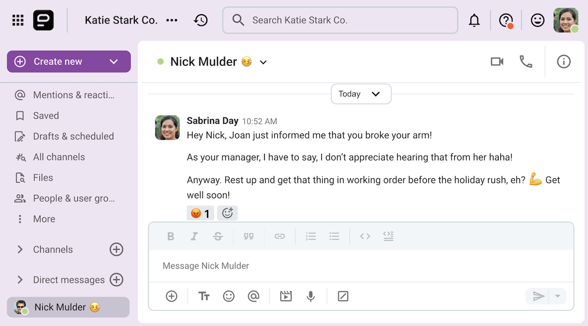 A team leader striking the wrong tone with an injured employee on Pumble, the business messaging app