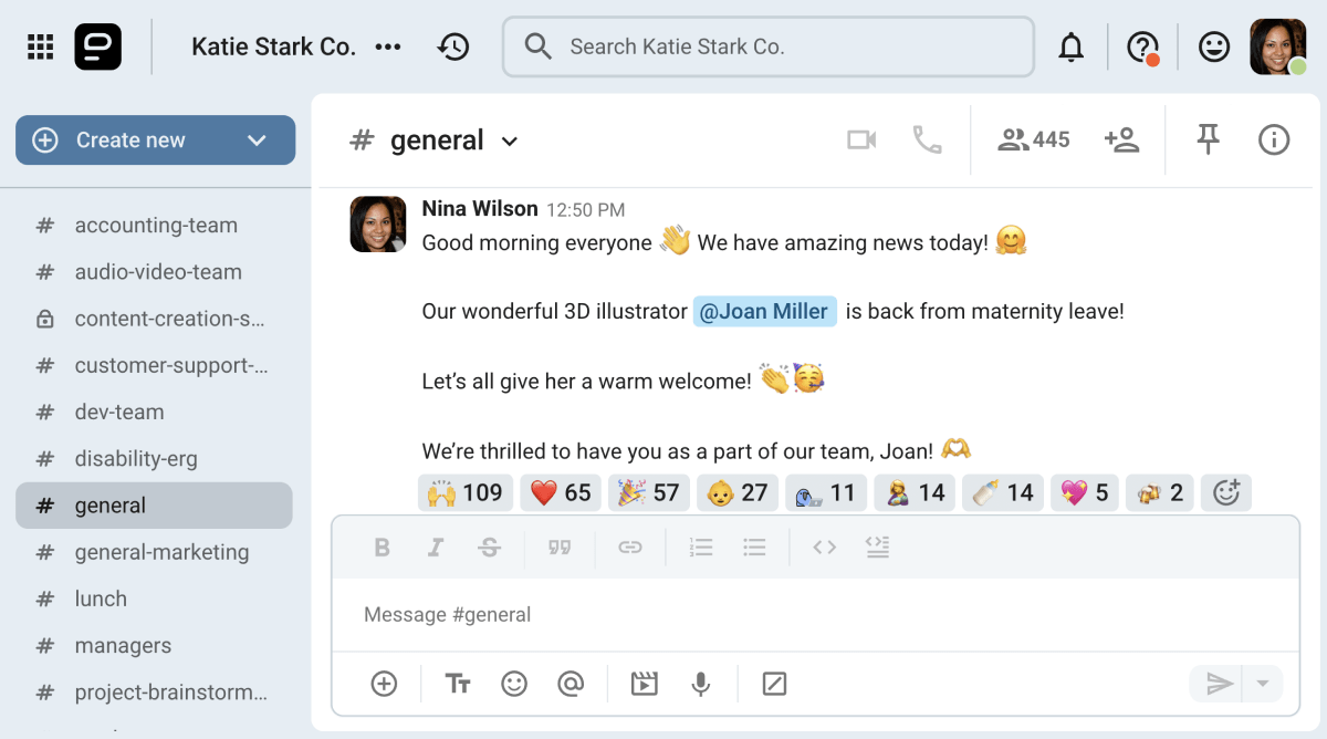An announcement on the #general channel on Pumble, the team communication app