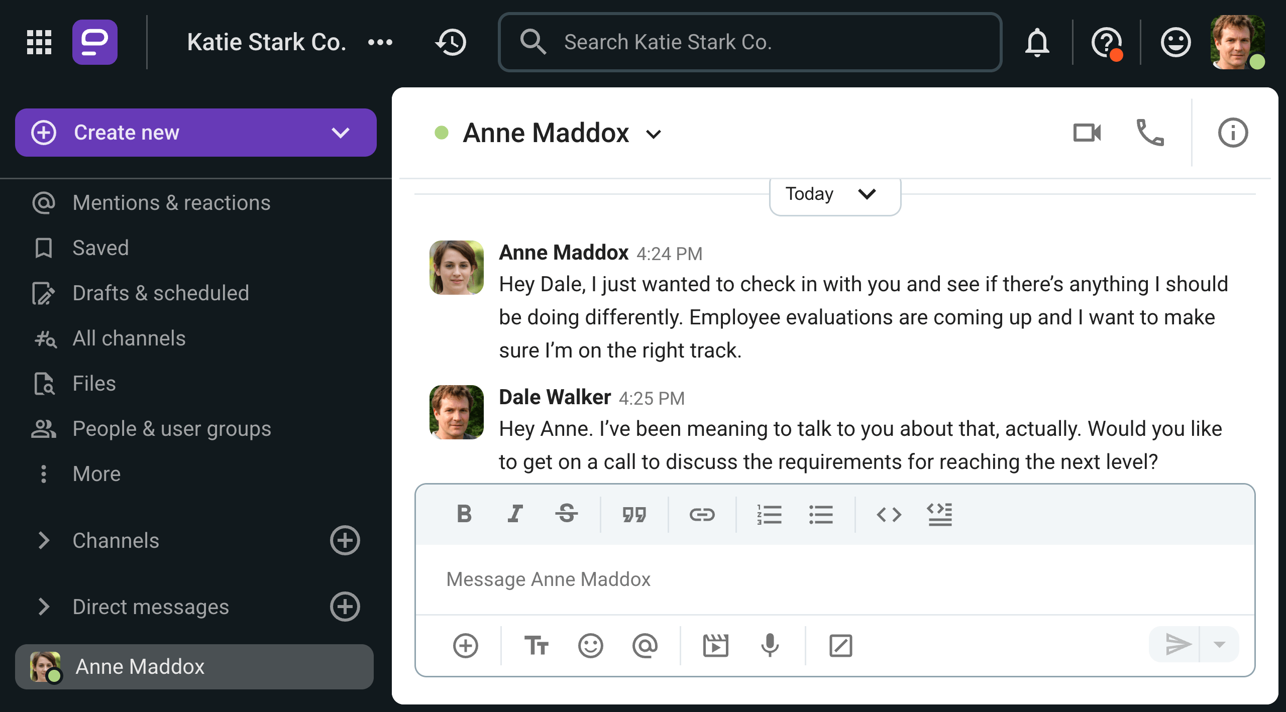 An employee checks in with their manager on Pumble, the business messaging app