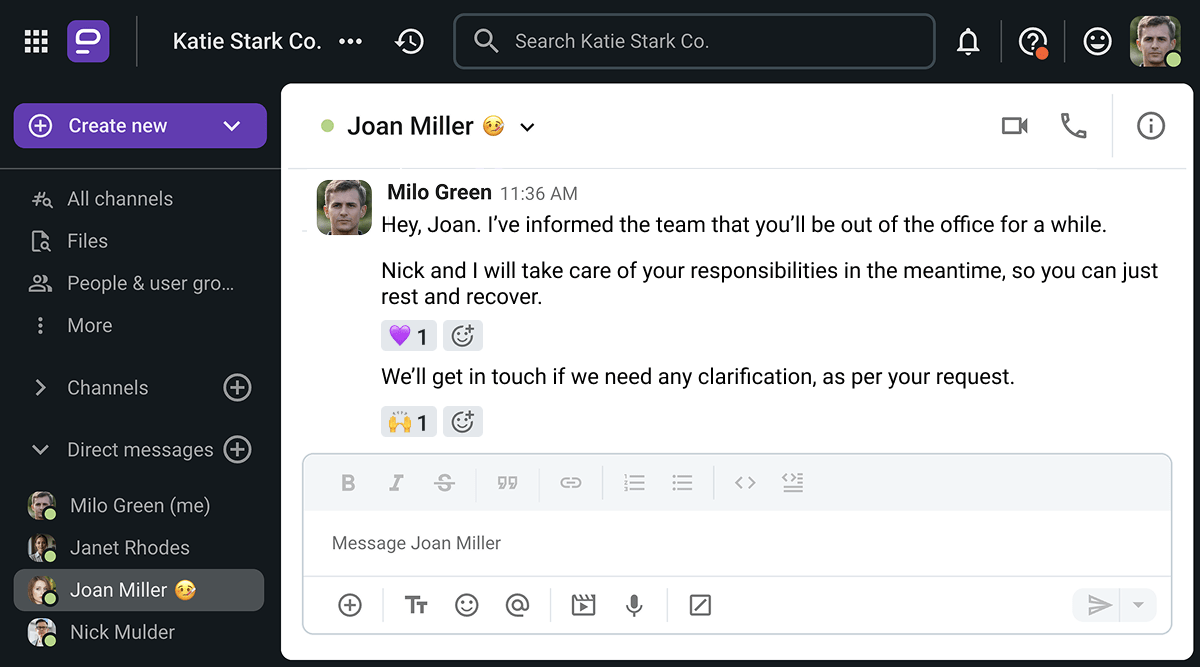 An employee sends a “get well soon” message to his manager on Pumble, the business messaging app