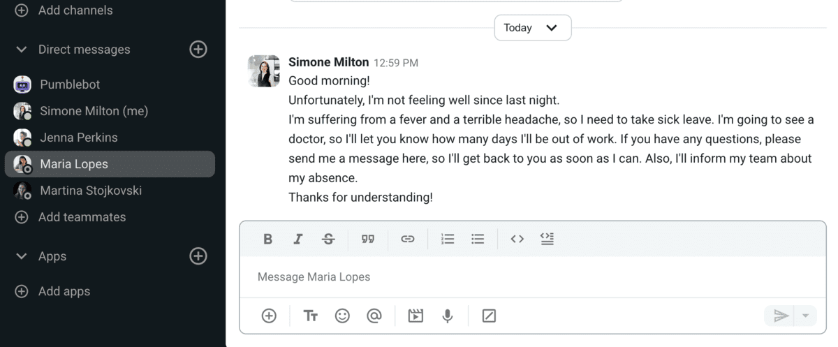 An example of a sick day message in Pumble, a business messaging app