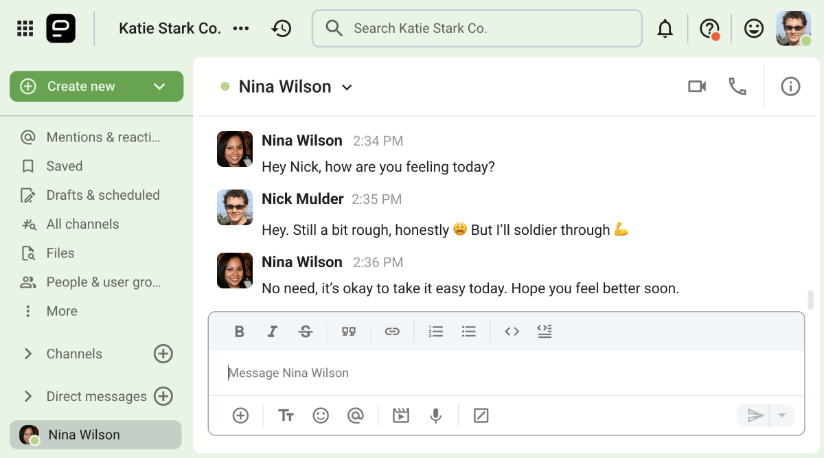 An example of empathetic communication on Pumble, a business messaging app