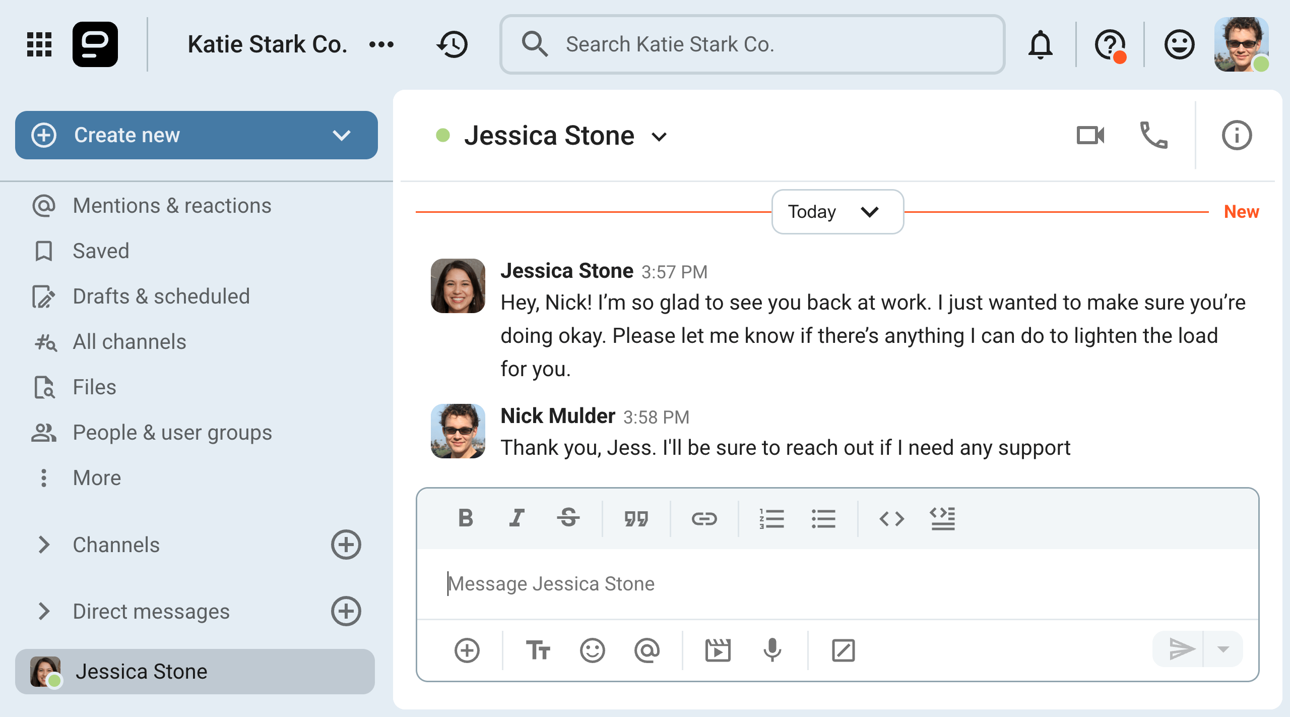 Checking in on a coworker who just got back from sick leave on Pumble, the team communication app
