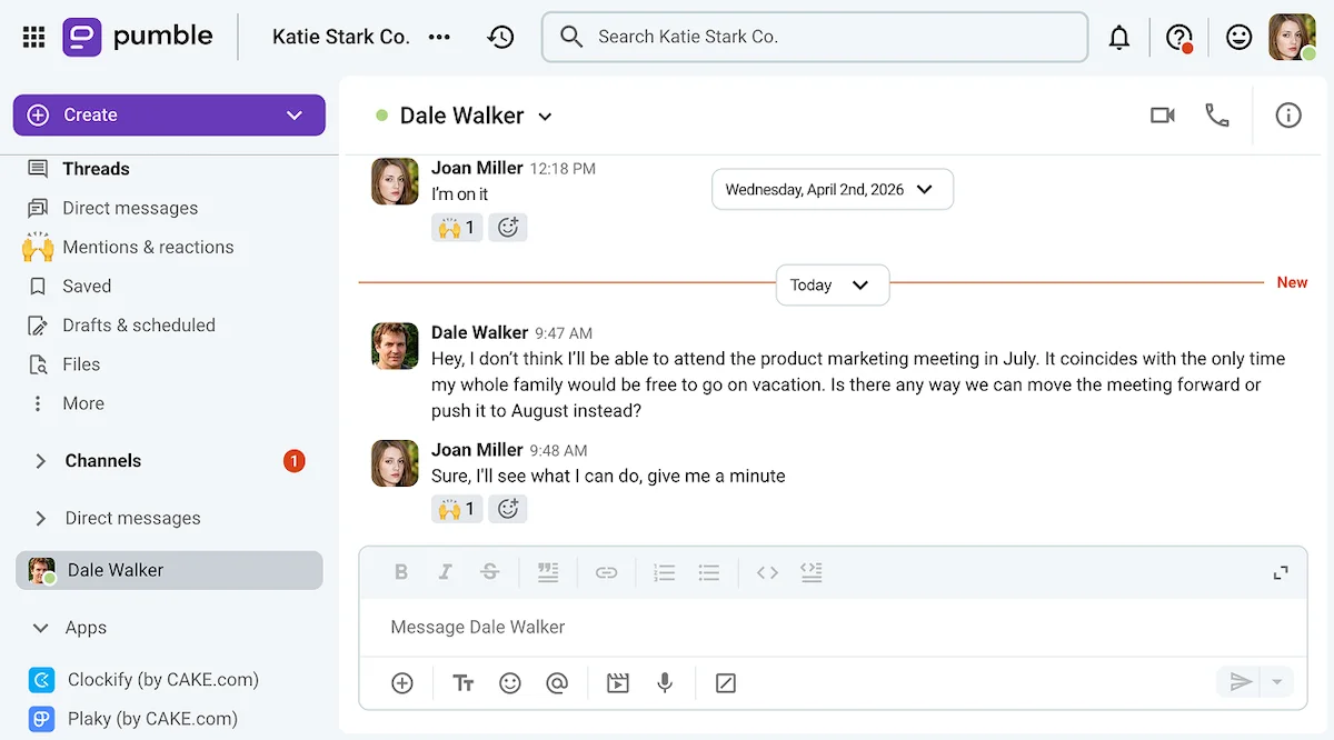 Dale asked Joan about rescheduling a meeting that coincides with his vacation on Pumble, a team communication app