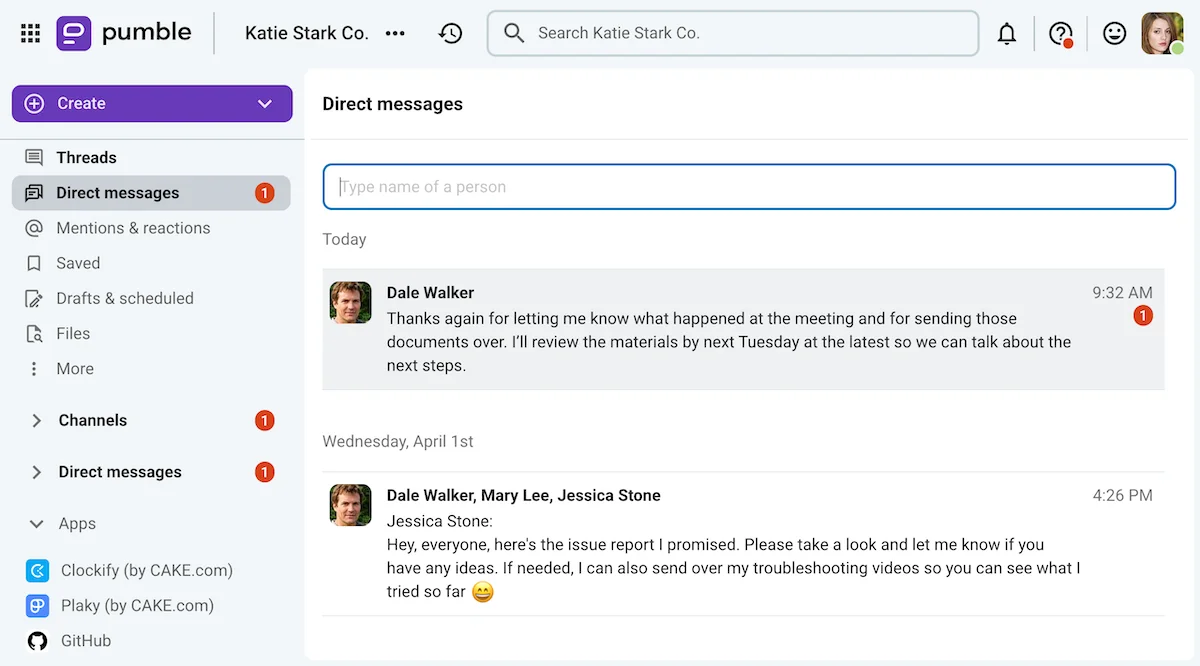 Dale thanked his coworker for filling him in after a meeting on Pumble, a business communication app