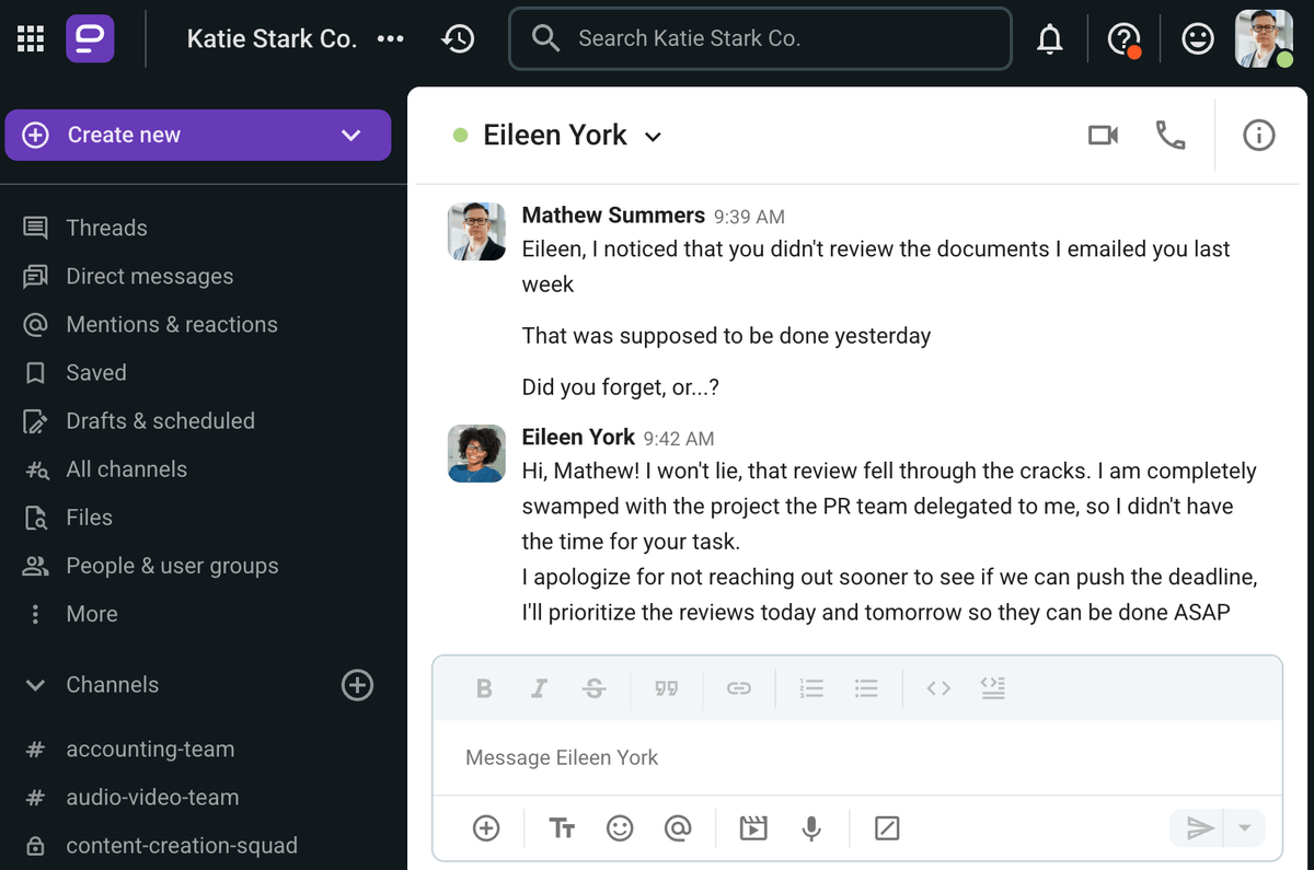 Eileen owns up to her mistakes in a response to a slightly passive-aggressive inquiry on a team communication app, Pumble