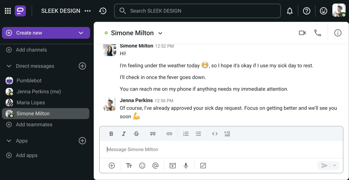 How to inform your manager that you are sick in Pumble, a team communication app