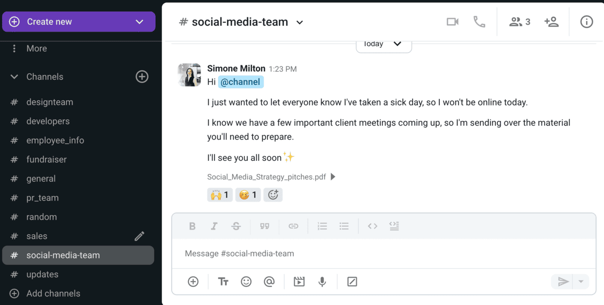 How to say “I am sick” professionally in a team channel in Pumble, a business messaging app
