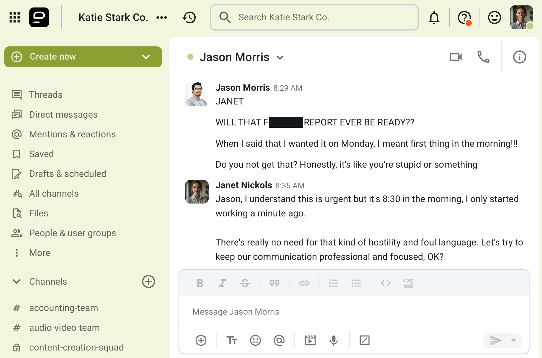 Jason uses the team communication app, Pumble, to send an unprofessional message to Janet
