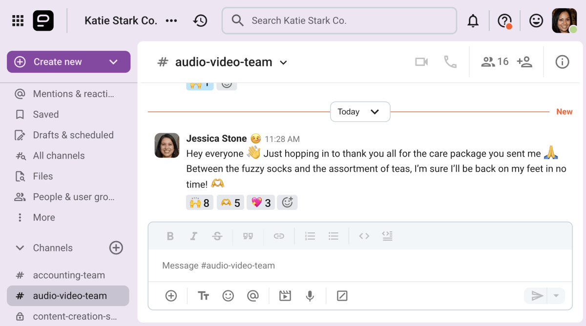 Jessica thanked her coworkers on the team channel on Pumble, the business messaging app
