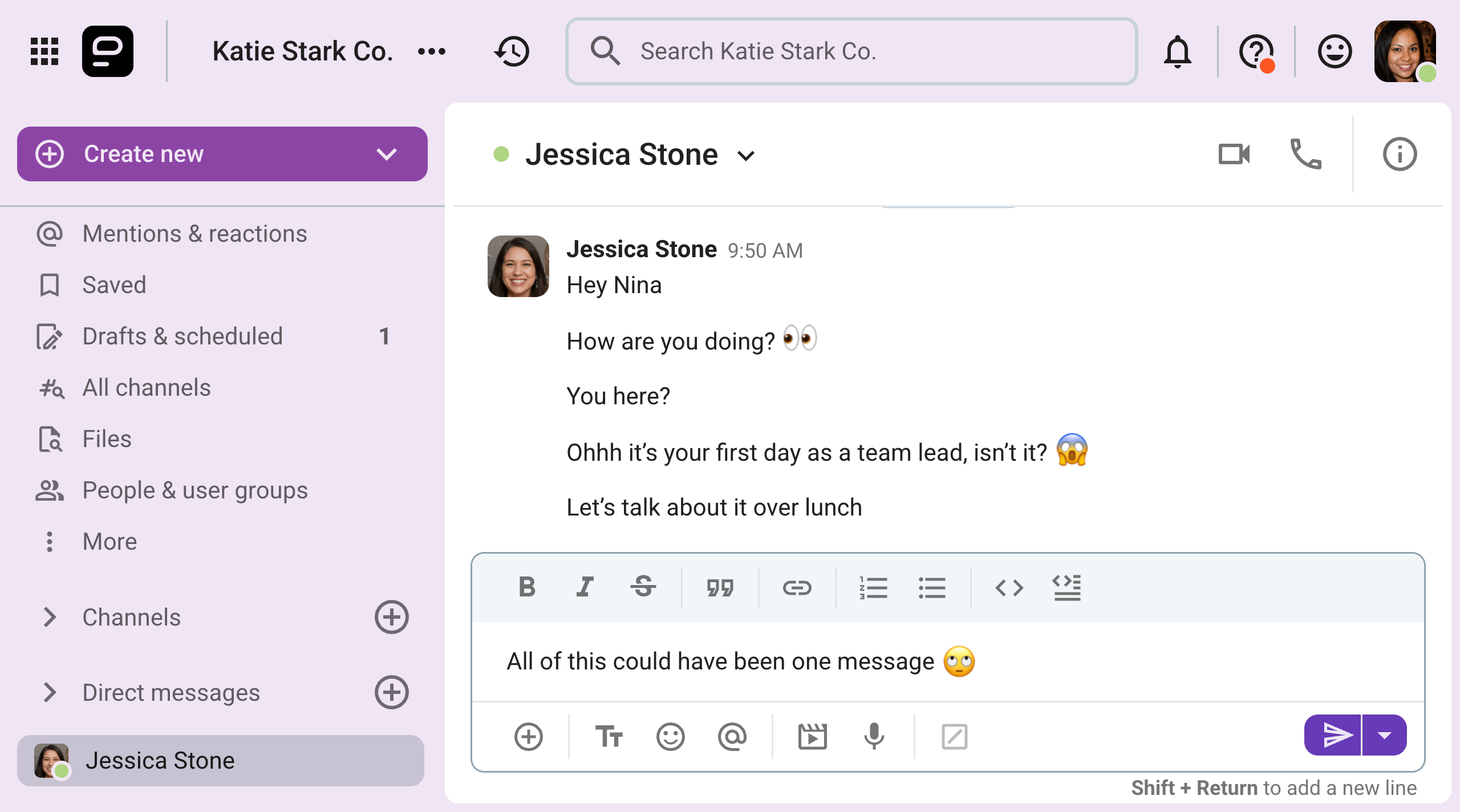 Jessica’s excitement prompts her to send many short messages on Pumble, a business messaging app