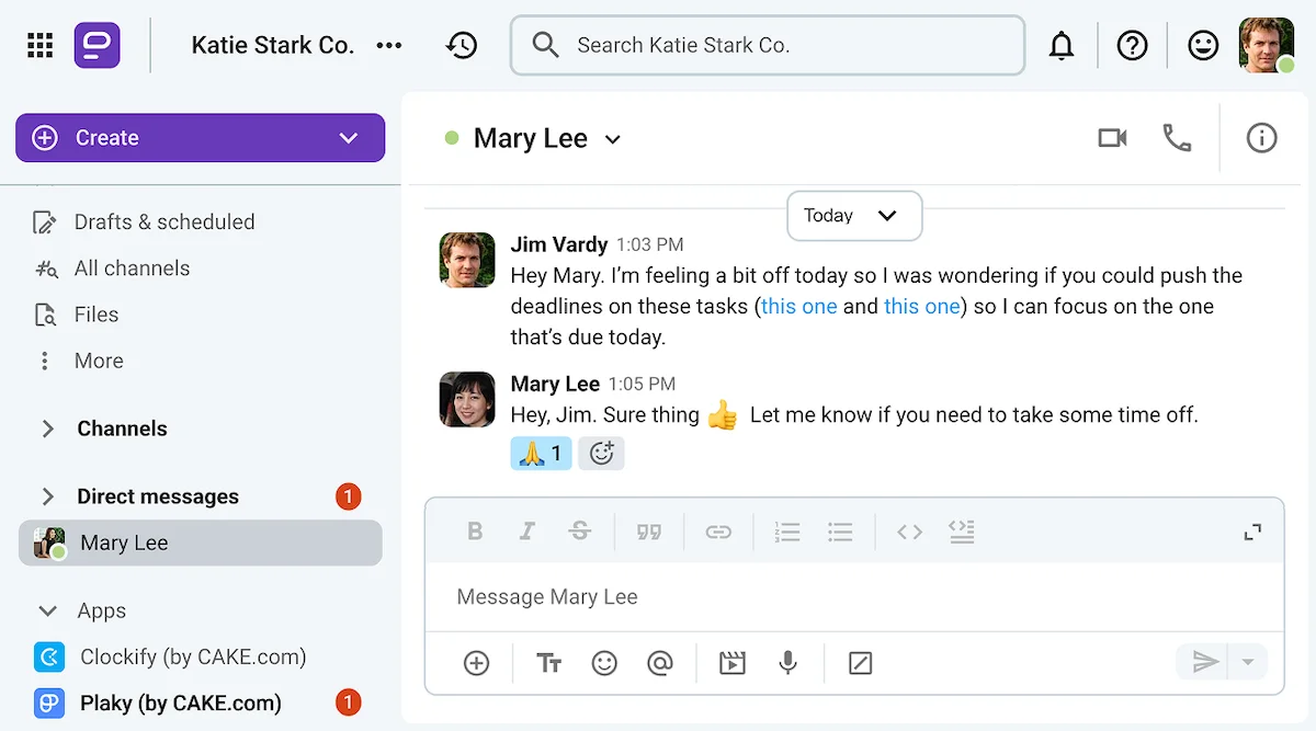 Jim asks for a deadline extension on Pumble, the team communication app