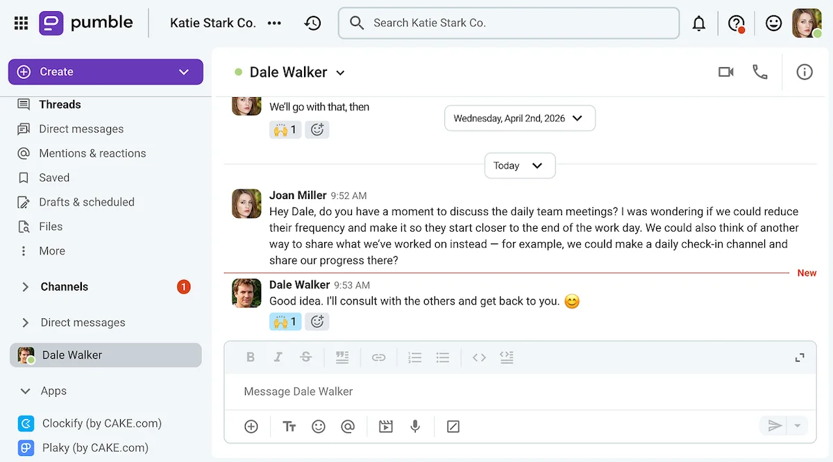 Joan asked Dale to reduce the number of team meetings on Pumble, a business communication app