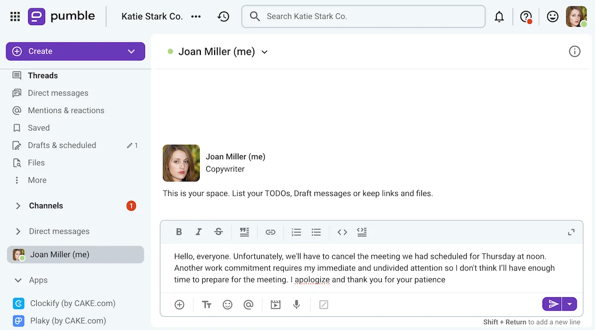Joan drafting a meeting cancellation message on Pumble, a team communication app