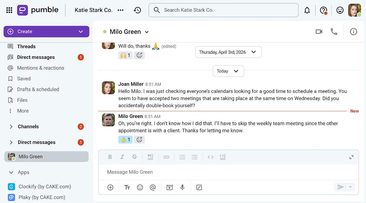 Joan lets Milo know that he’s double-booked on Pumble, a team communication app