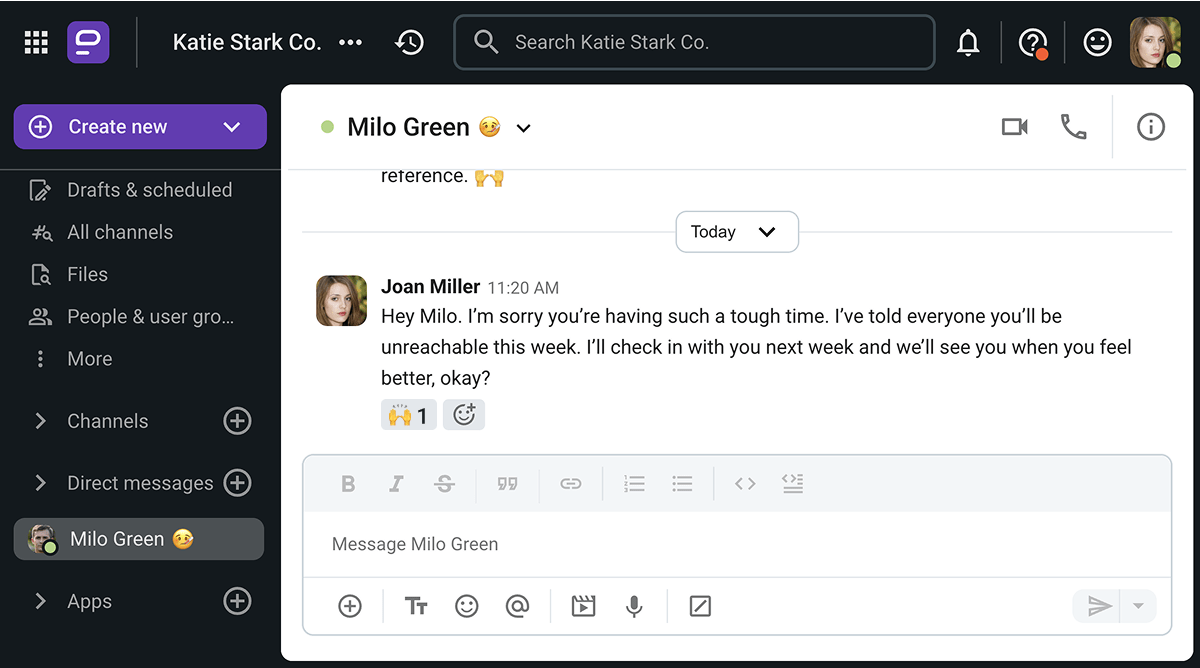 Joan sends a simple “get well” to a member of her team on Pumble, the business messaging app