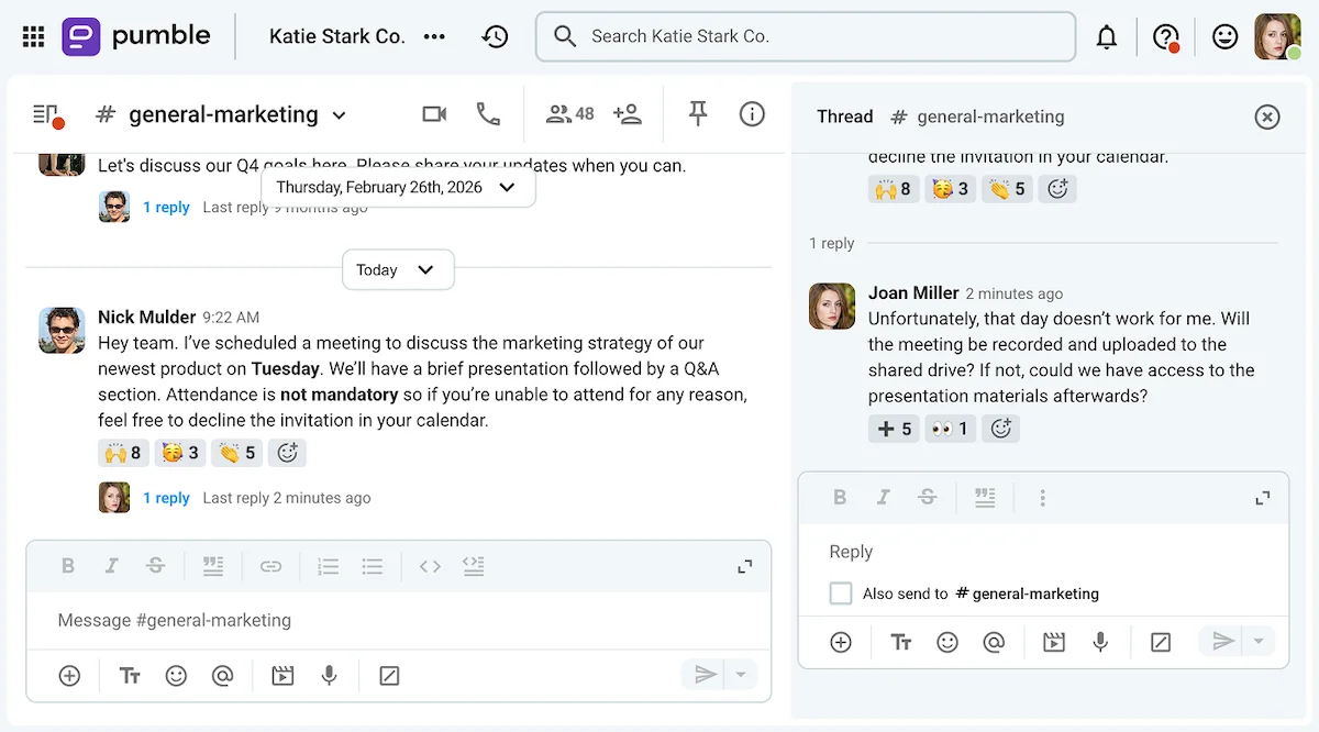 Joan stated that she is unable to attend a meeting in a thread on Pumble, a team messaging app