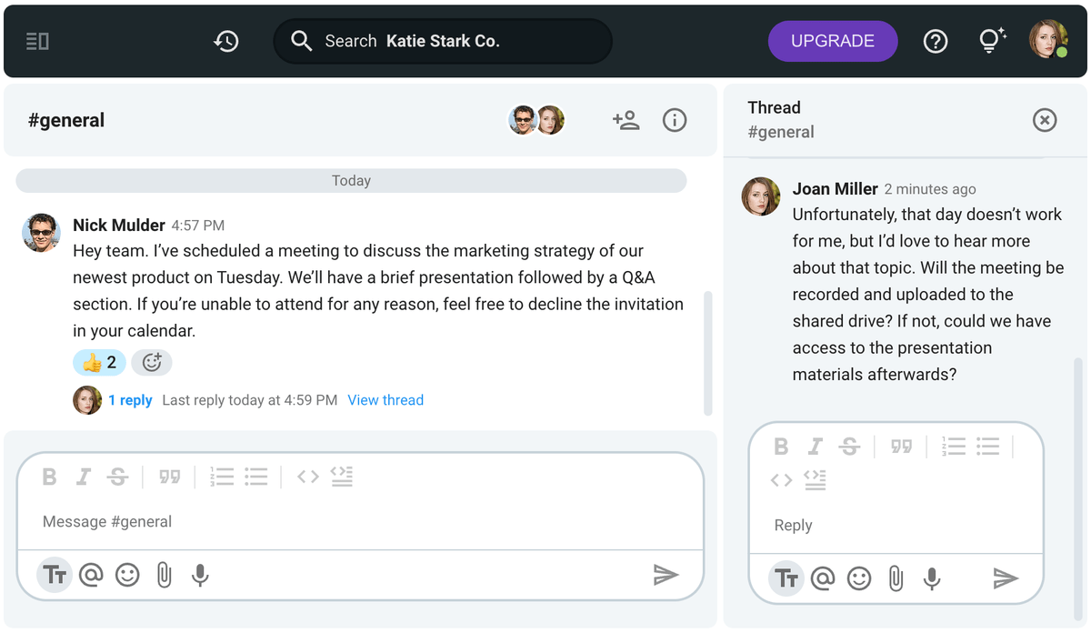 Joan stated that she is unable to attend a meeting in a thread on Pumble, a team messaging app
