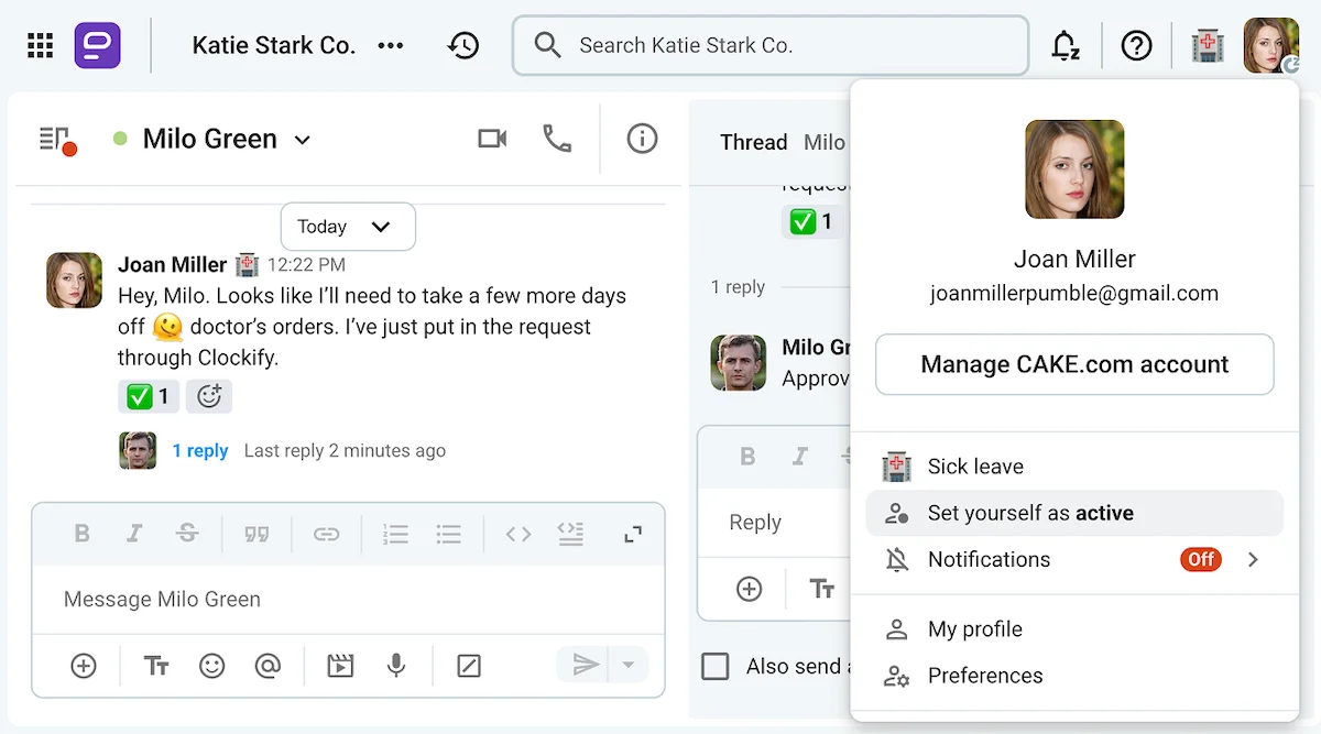 Joan updates her manager and extends her sick leave through Pumble, a business messaging app