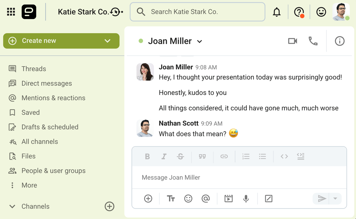 Joan uses Pumble, a business communication app, to praise her coworker