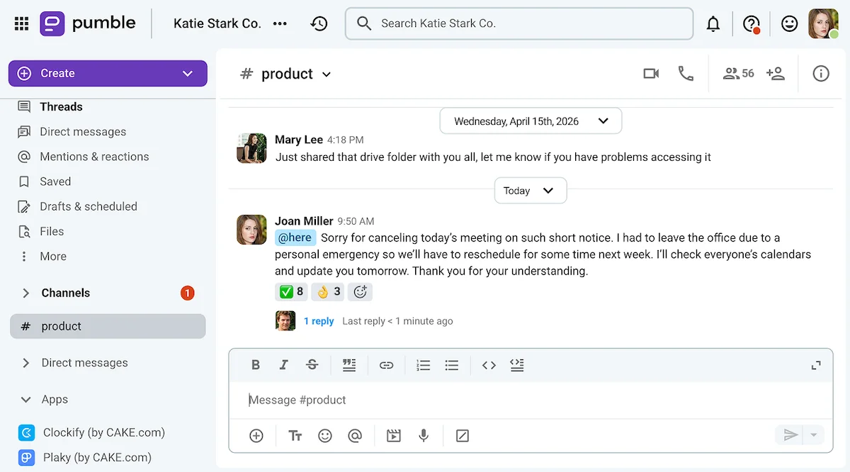 Joan’s formal apology on Pumble, a business messaging app
