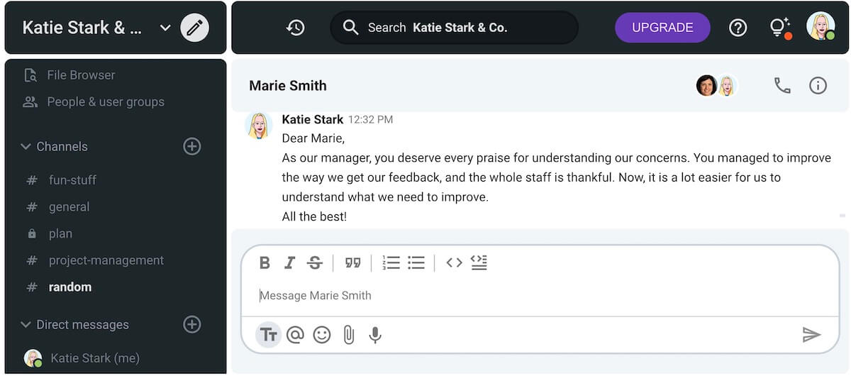 Katie praises her manager for having enough understanding of employees' problems via Pumble, a team chat app