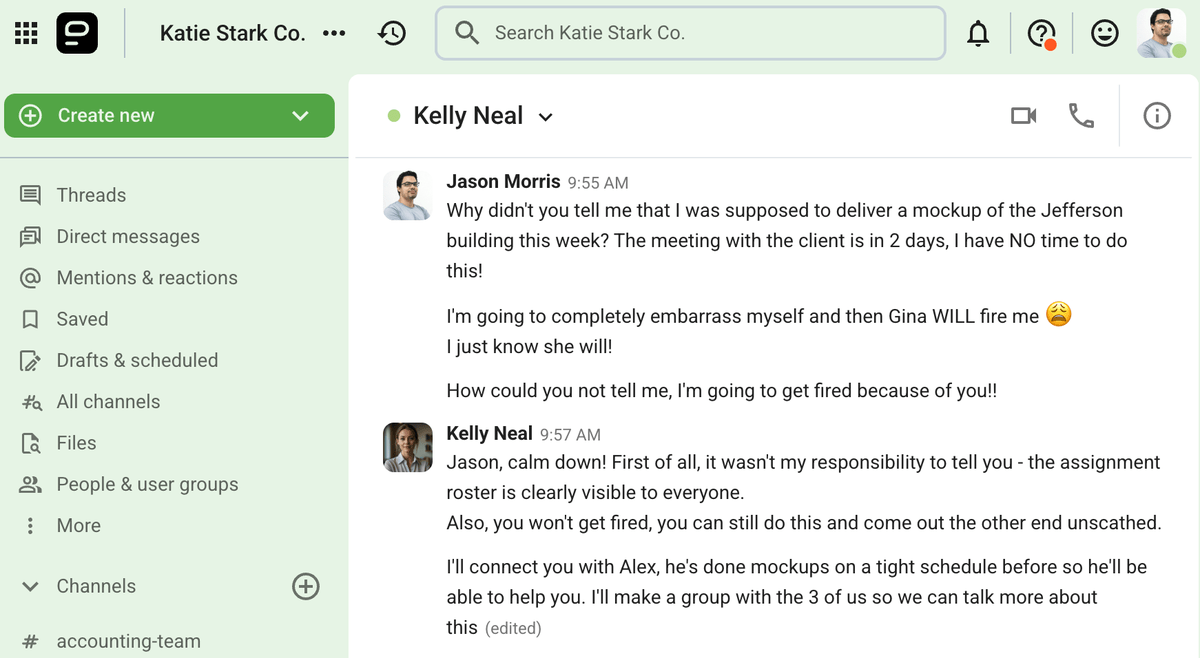 Kelly addresses Jason’s concerns and offers solutions after receiving a frantic and rude message on Pumble, an internal communication app