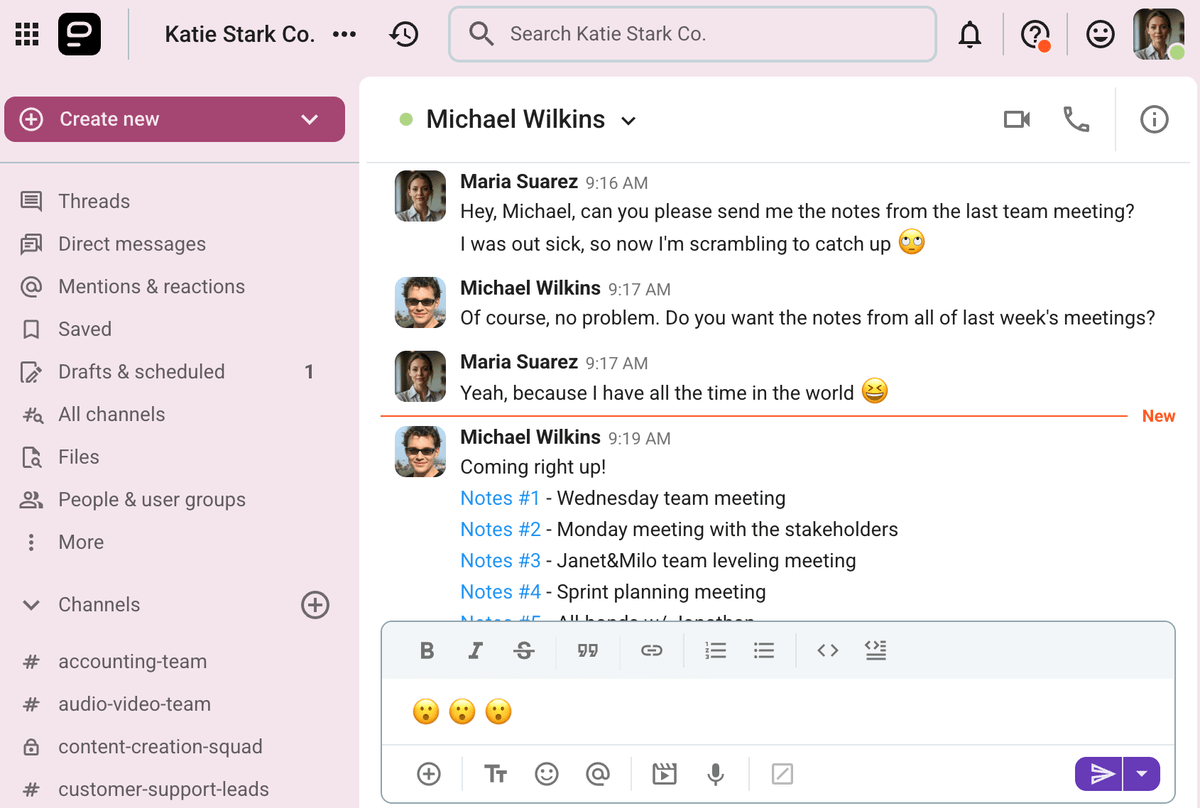 Maria uses Pumble, a team communication app to sarcastically reply to a coworker's question and get more than she bargained for