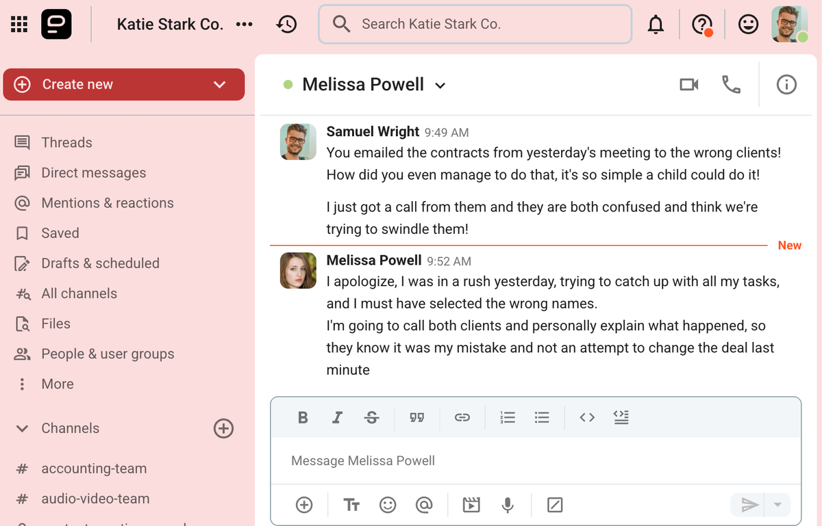 Melissa offers quick solutions to the problem on Pumble, a business communication app