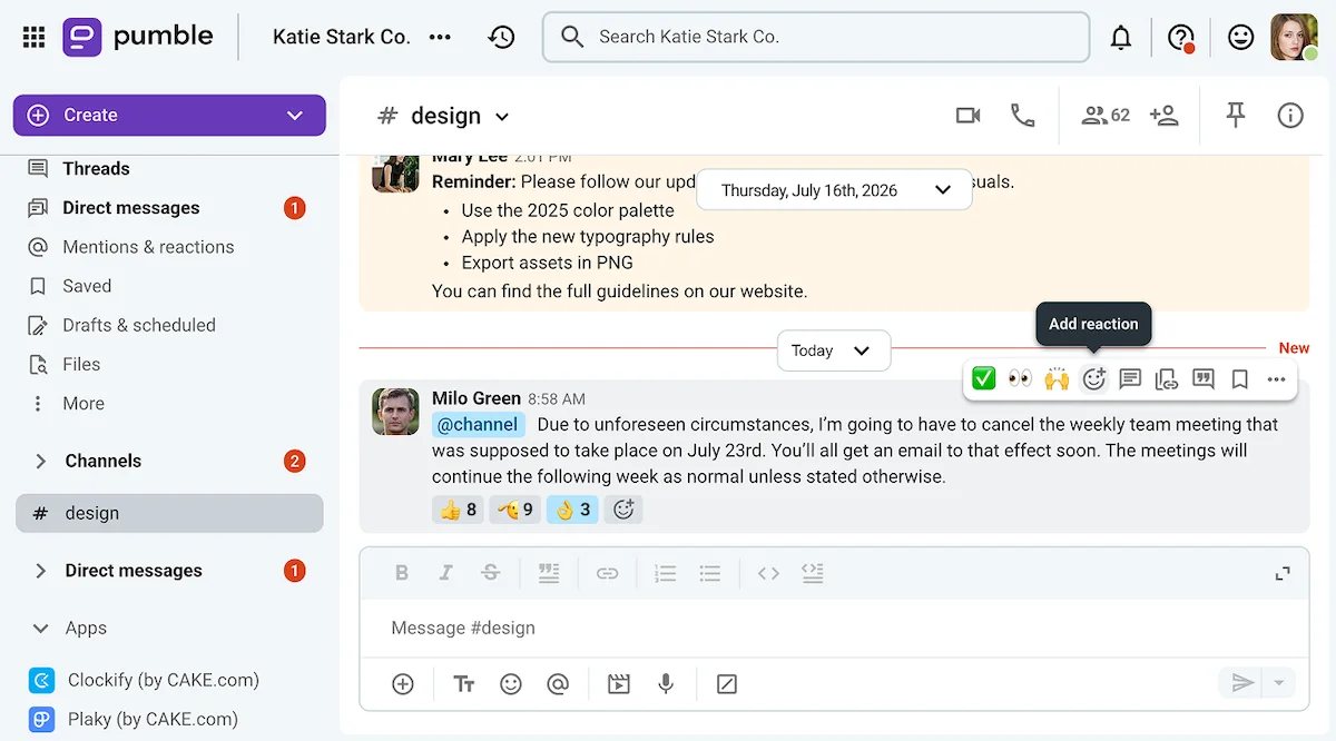 Milo announced the cancellation of a weekly meeting on Pumble, a business messaging app