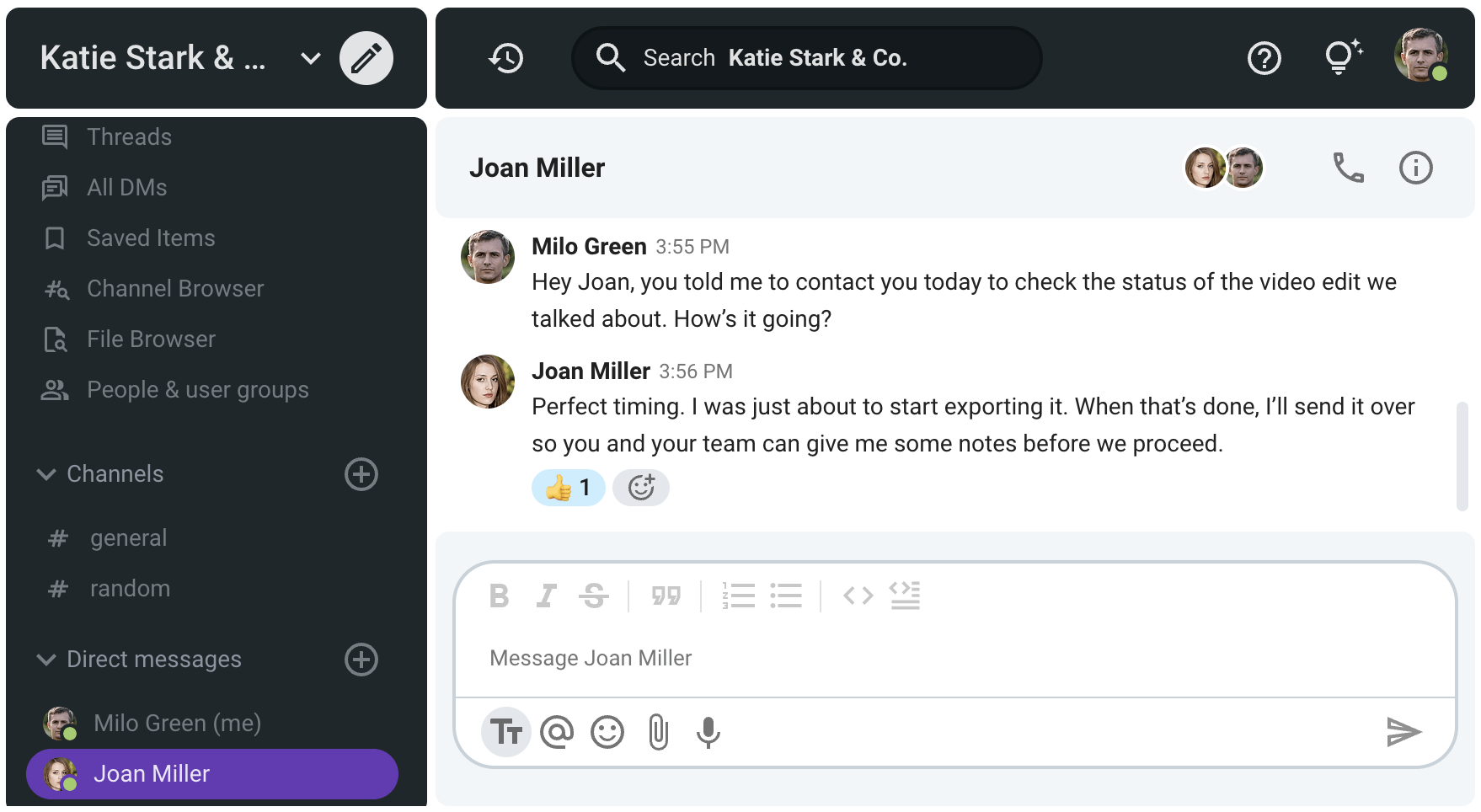 Milo checks in on Joan at the agreed-upon time on Pumble, a business messaging app