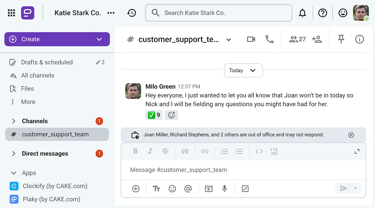 Milo makes an announcement in Joan’s name on Pumble, the team communication app