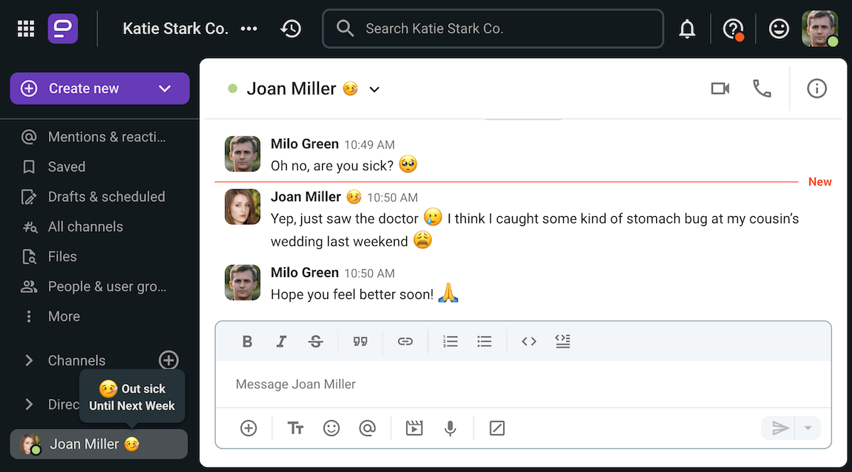 Milo noticed Joan’s sick leave status on Pumble, the team communication app