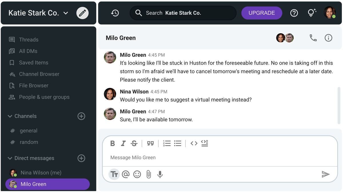 Milo notified Nina that he’s stuck in another city the day before a big meeting on Pumble, a team communication app
