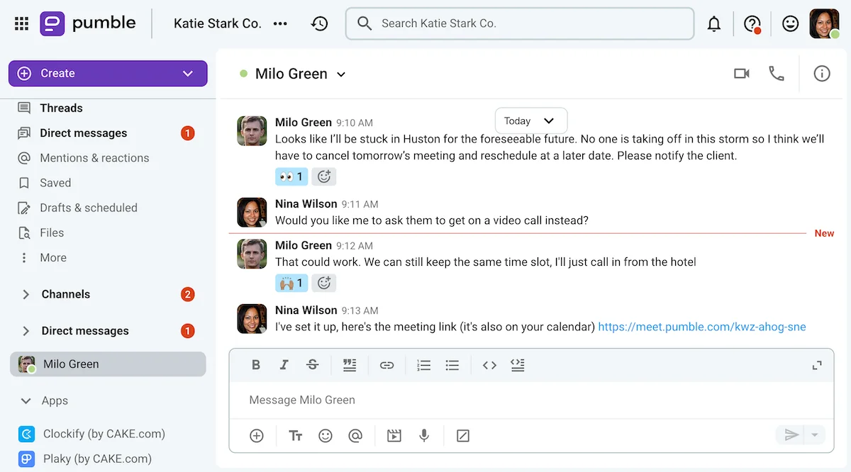 Milo notified Nina that he’s stuck in another city the day before a big meeting on Pumble, a business messaging app